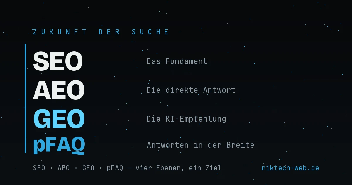 SEO, AEO, GEO & pFAQ: der ehrliche Überblick – und warum keins das andere ersetzt