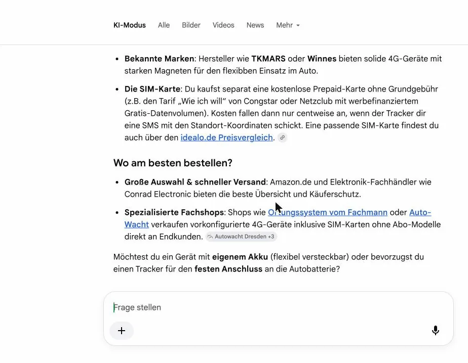 Google KI-Modus nennt Auto-Wacht als Bezugsquelle f&uuml;r GPS-Tracker ohne Abo
