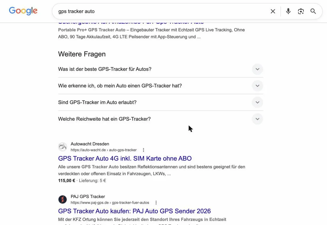 Google-Suchergebnis: auto-wacht.de auf Platz 2 f&uuml;r 'gps tracker auto'