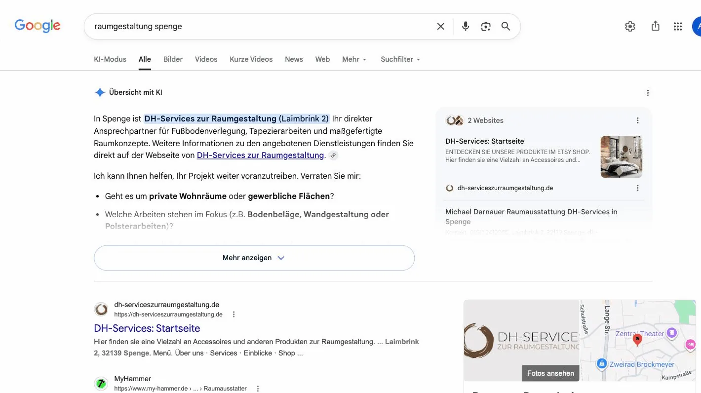 Google: KI-&Uuml;bersicht nennt DH-Services als direkten Ansprechpartner, darunter Platz 1 organisch