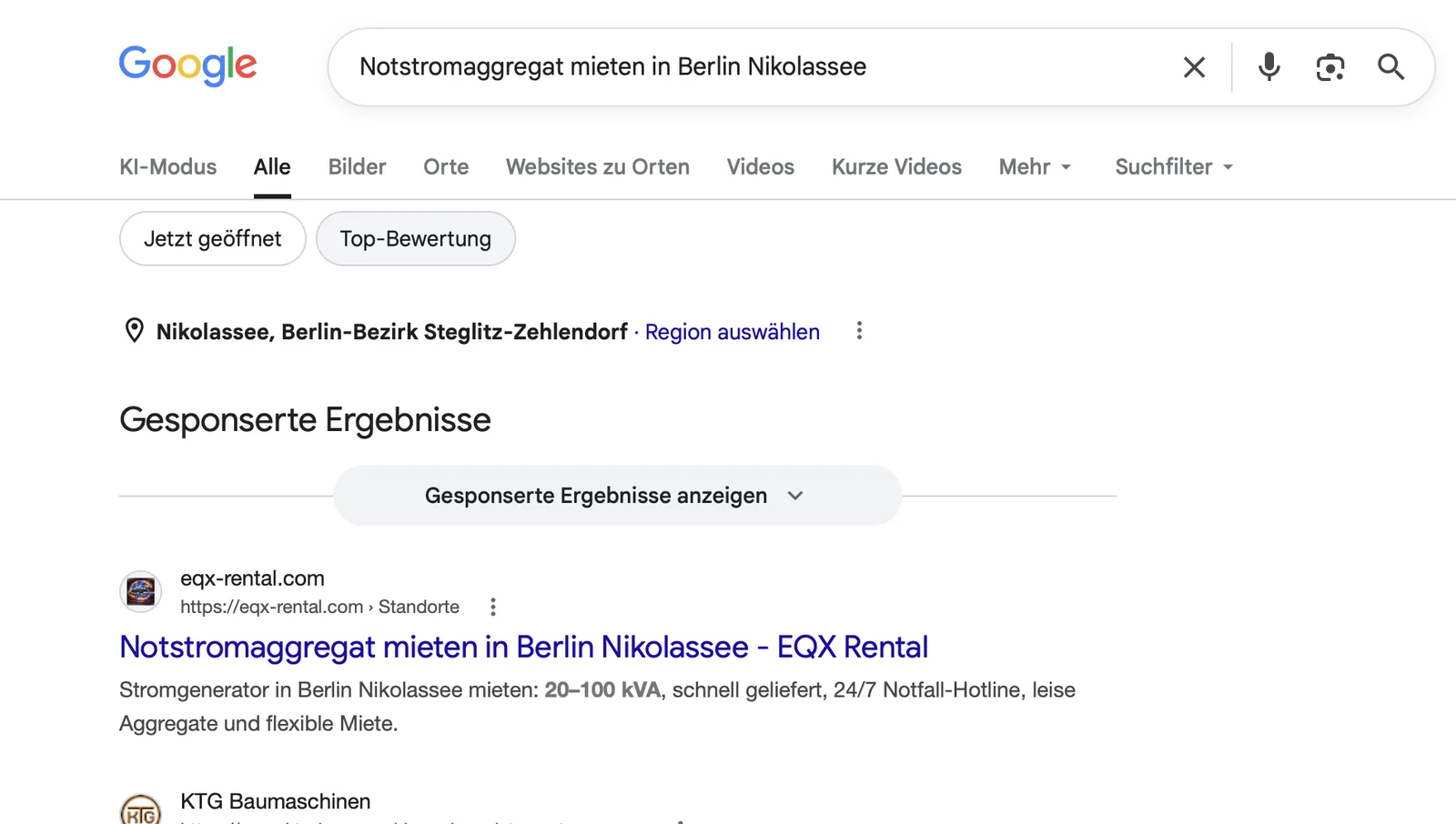 Google: eqx-rental.com Top-Treffer f&uuml;r 'Notstromaggregat mieten in Berlin Nikolassee'
