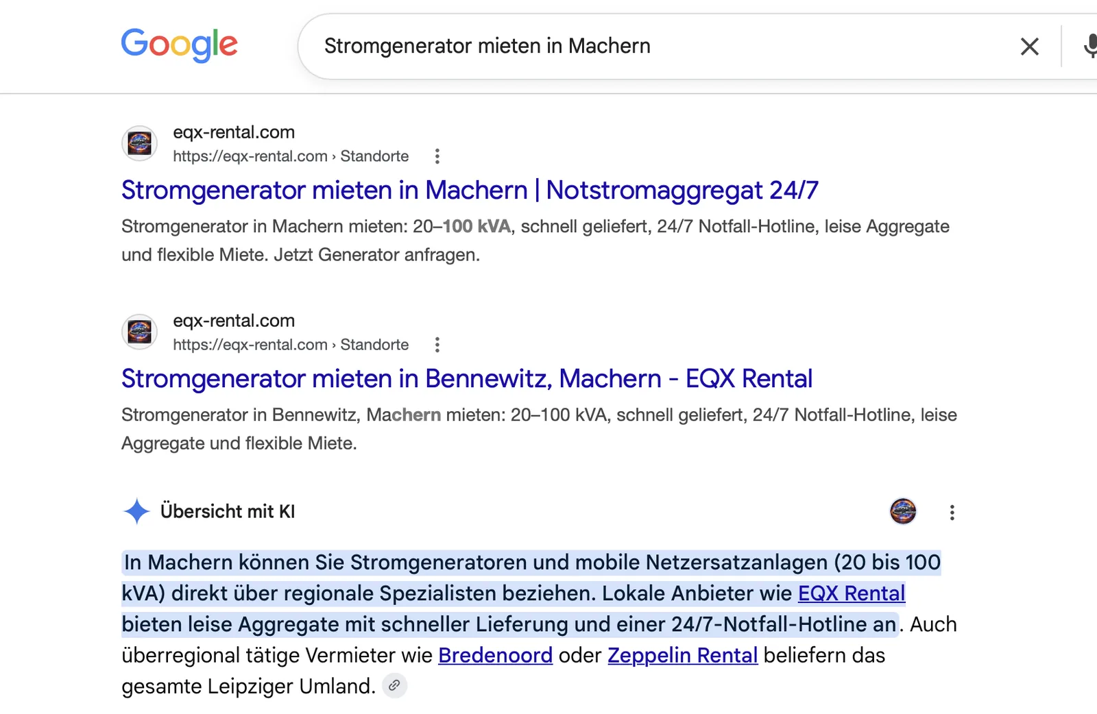Google: eqx-rental.com auf Platz 1 und 2, KI-&Uuml;bersicht nennt EQX Rental