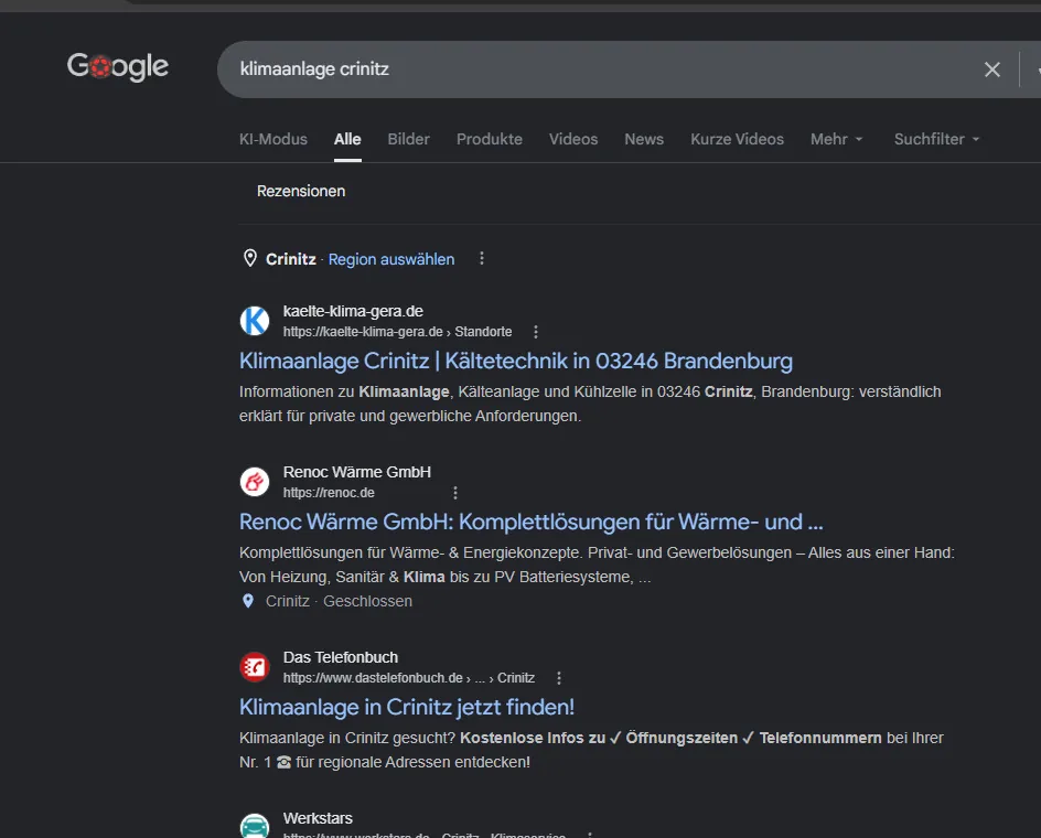 Google-Suche 'klimaanlage crinitz': kaelte-klima-gera.de ganz oben