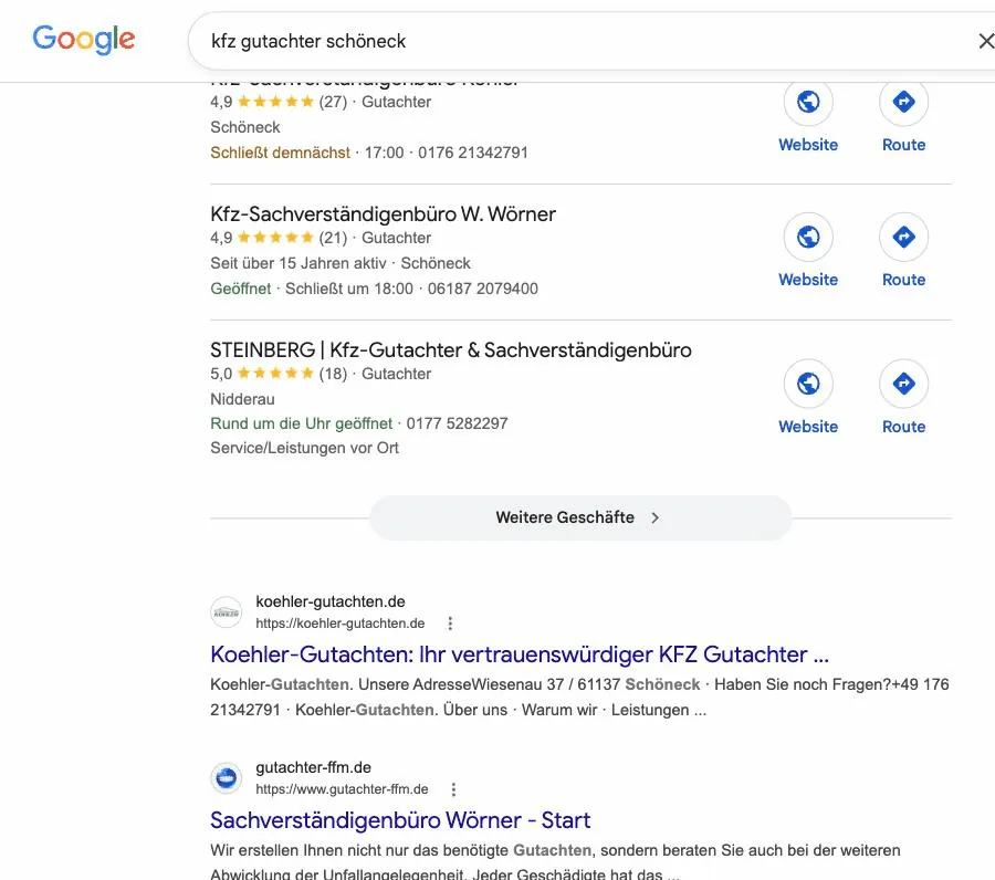Google: koehler-gutachten.de Platz 1 organisch f&uuml;r 'kfz gutachter sch&ouml;neck', dazu 4,9-Sterne-Eintrag ganz oben im Local-Pack