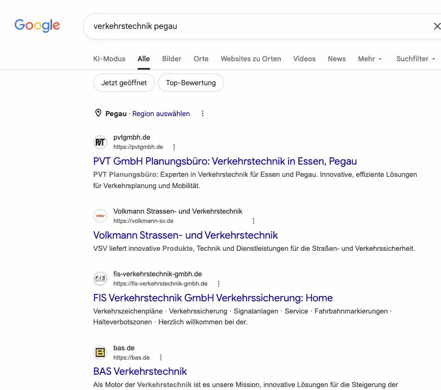 Google: pvtgmbh.de Platz 1 f&uuml;r 'verkehrstechnik pegau'