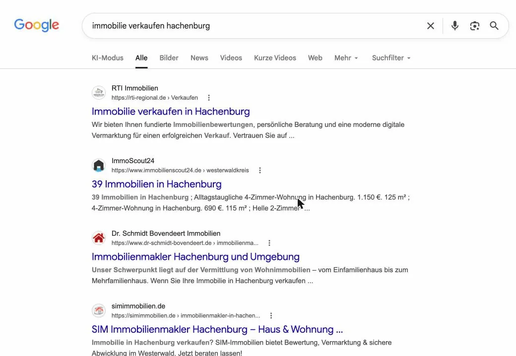 Google-Suchergebnis: rti-regional.de auf Platz 1 f&uuml;r 'immobilie verkaufen hachenburg', vor ImmoScout24