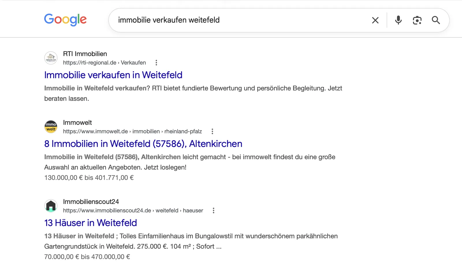 Google-Suchergebnis: rti-regional.de auf Platz 1 f&uuml;r 'immobilie verkaufen weitefeld', vor Immowelt und ImmoScout24