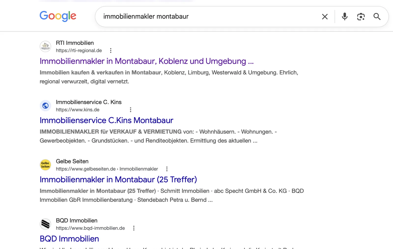 Google-Suchergebnis: rti-regional.de auf Platz 1 f&uuml;r 'immobilienmakler montabaur'